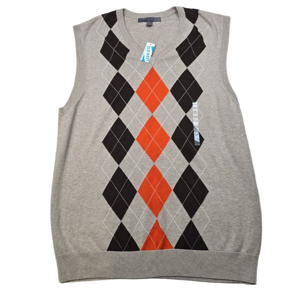 Old Navy Argyle Sweater Vest Mens Large Tan Orange Black‎ V Neck NEW